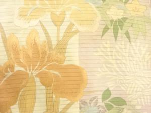 アンティーク　絽　菖蒲に鉄線・笹竜胆模様刺繍名古屋帯